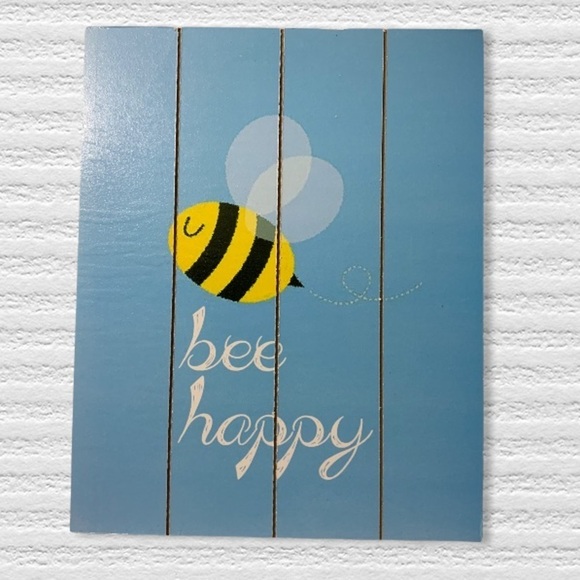 Wall Plaque Hanging Picture Bee Happy Phrase Blue - Picture 2 of 4